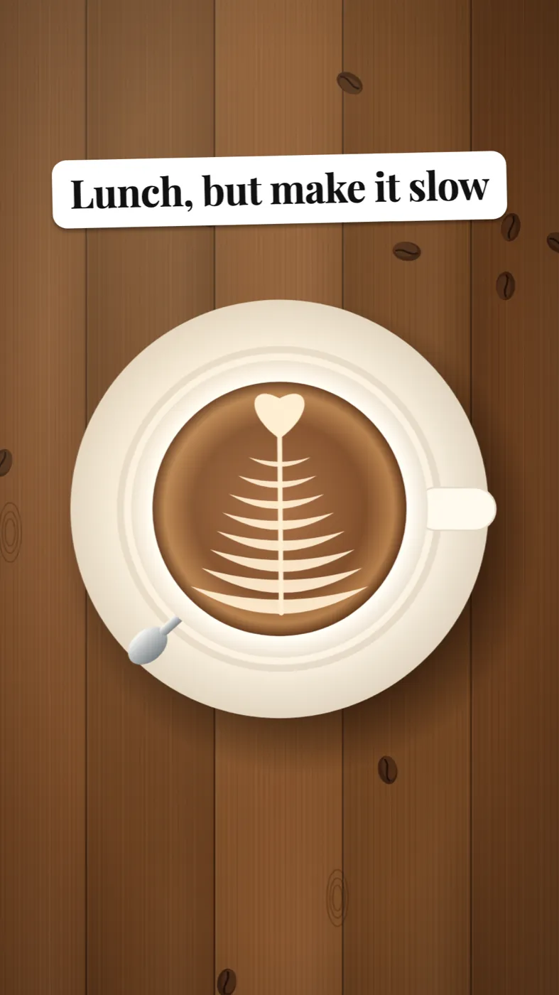 Cover frame of the rendered demo reel for Kettle & Fern, a fictional café. A top-down latte with fern-leaf latte art sits in a cream cup on a wooden table, under the headline "Lunch, but make it slow". Everything in the frame is drawn by the project’s own code.