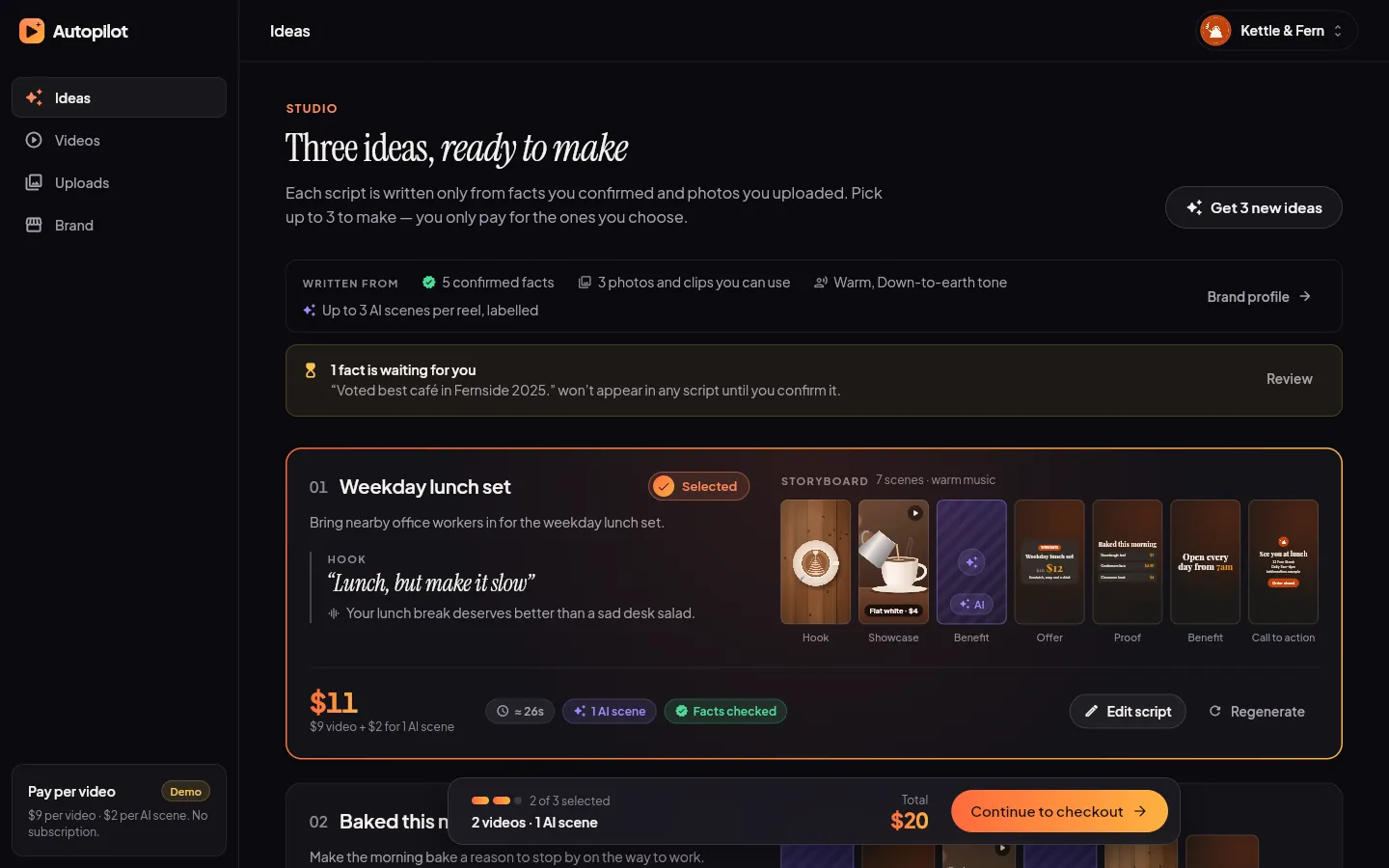 The Studio page of the Flutter Web app, running on mock data for the fictional café Kettle & Fern. Under “Three ideas, ready to make”, the first idea, Weekday lunch set, shows its hook line, a seven-scene storyboard strip with one AI scene, a $11 price and a Facts checked badge. A notice above it says “Voted best café in Fernside 2025” won’t appear in any script until the owner confirms it.